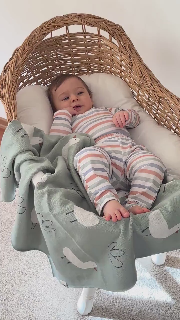 Baby sitting in basket wrapped in Minty Duck organic knit baby blanket