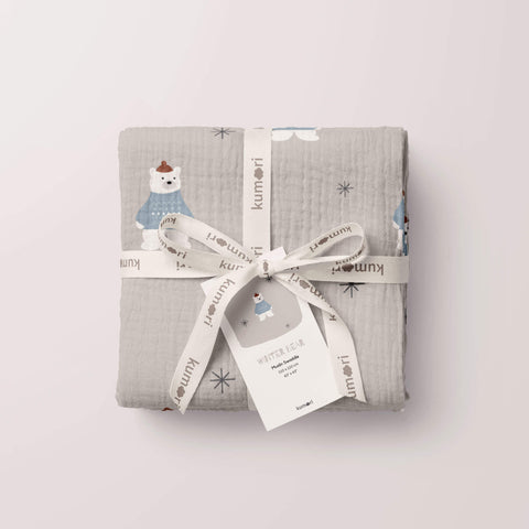 Winter Bear Organic Crinkle Square Muslin Swaddle