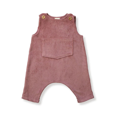 Front view of dusty pink baby corduroy overalls