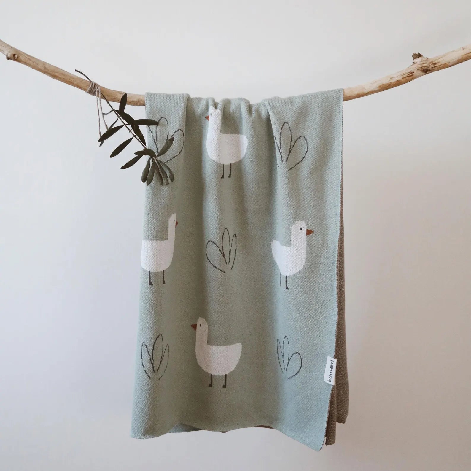 Full view of Minty Duck knit baby blanket hanging to show entire design