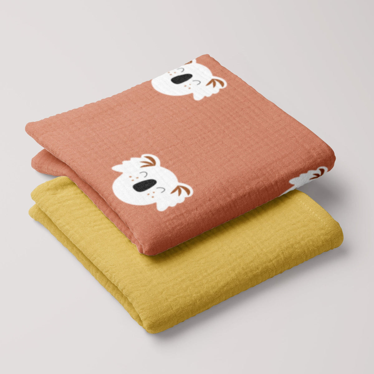 Happy Koala Muslin Swaddle + Mustard Blanket 1