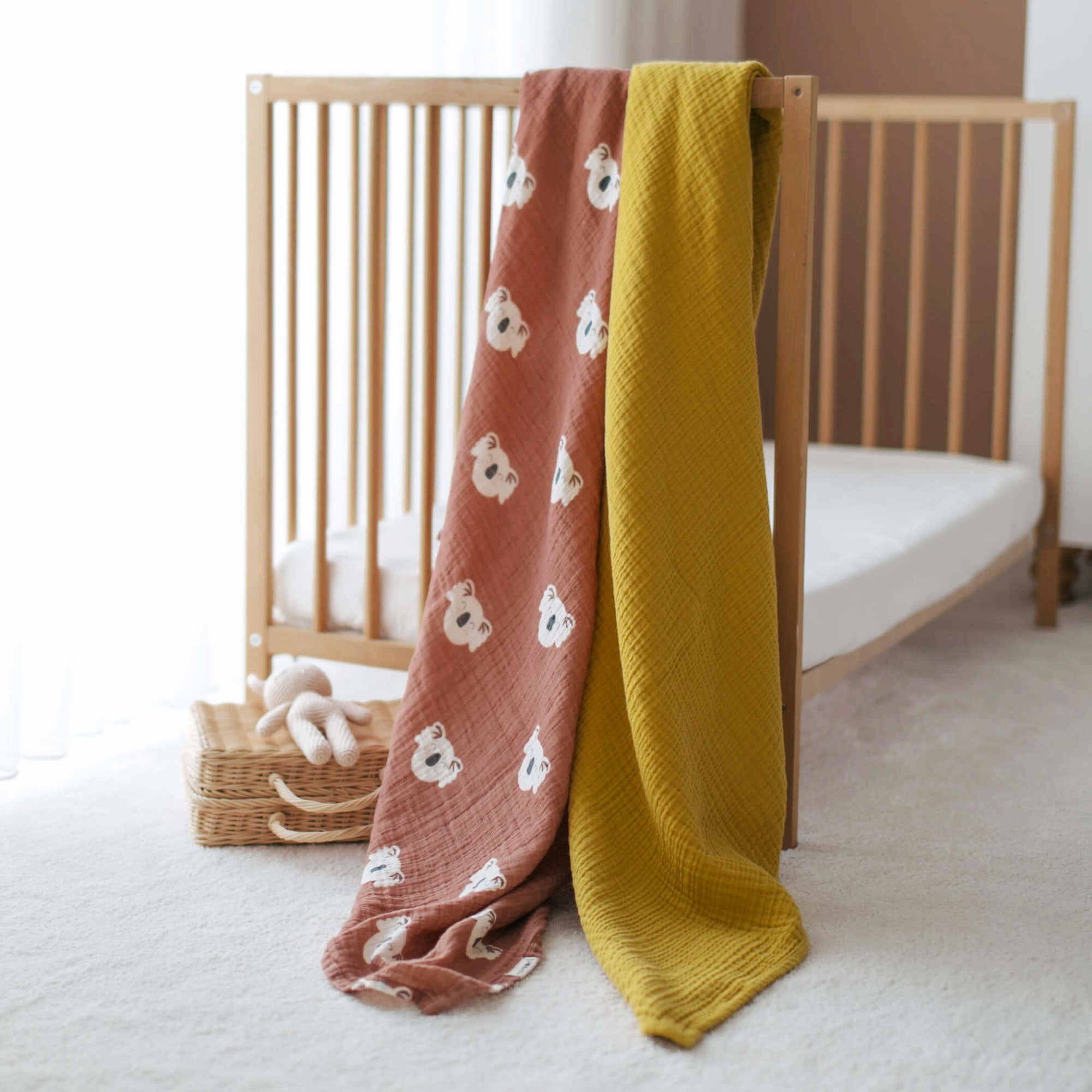 Happy Koala Muslin Swaddle + Mustard Blanket 3