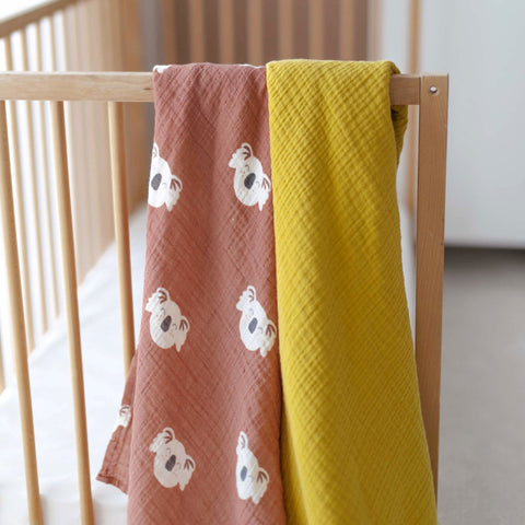 Happy Koala Muslin Swaddle + Mustard Blanket 5