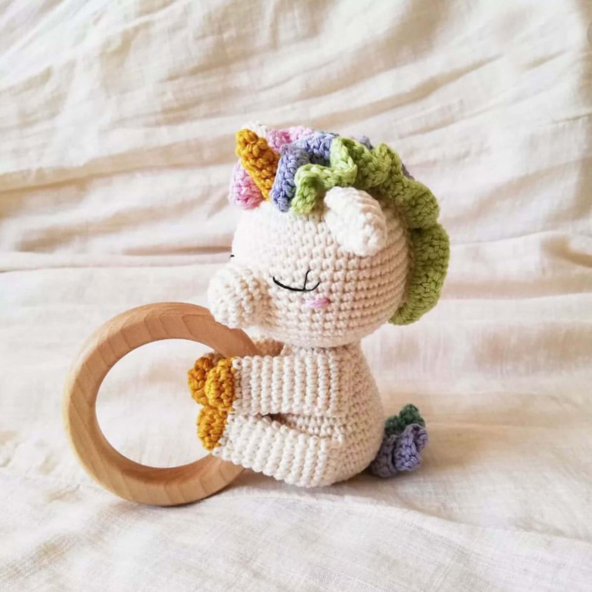 Unicorn Wooden Crochet Teething Ring Rattle